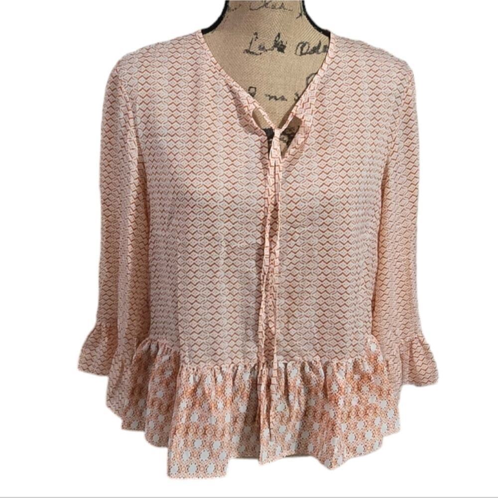 Dkny Orange and White Peplum Ruffle Trim Blouse Size Small